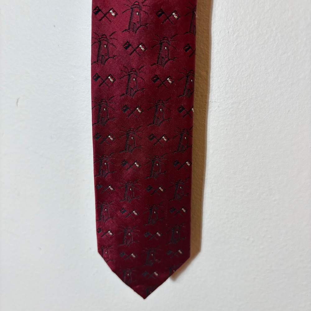 Vintage Christian Dior Silk Tie Mens Burgundy Red Lighthouse Nautical Maritime‎